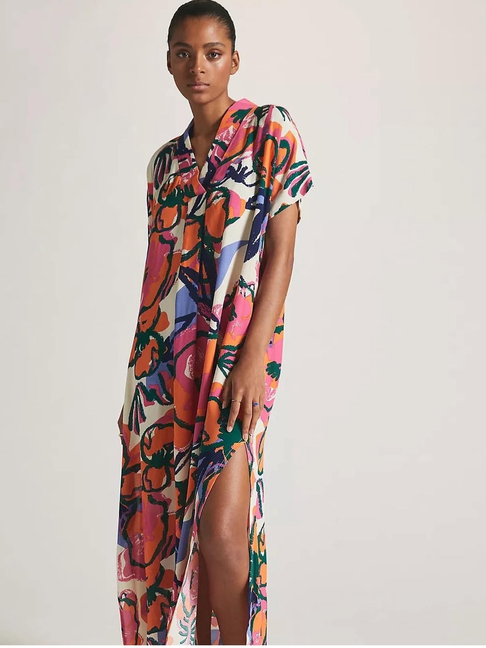 BEL KAZAN Zinnia Bold Floral Kaftan Maxi Dress pockets short sleeve pink